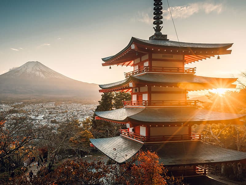Voyageur devant un temple asiatique